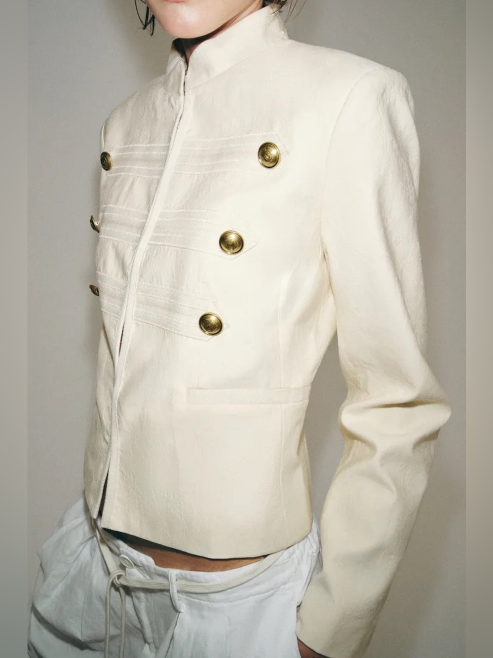 Zara Cream Military-Inspired Cropped Jacket with Brass Buttons. POP